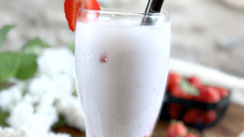 Ddalgi Latte Vegan aux fraises fraîches et lait de cajou sans lactose présenté dans un verre tulipe sur un rondin de bois.