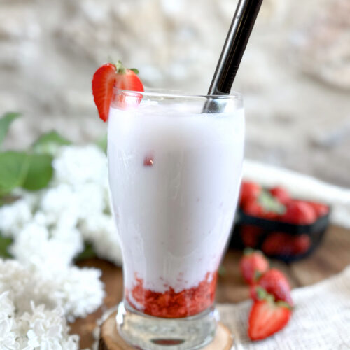 Ddalgi Latte Vegan aux fraises fraîches et lait de cajou sans lactose présenté dans un verre tulipe sur un rondin de bois.